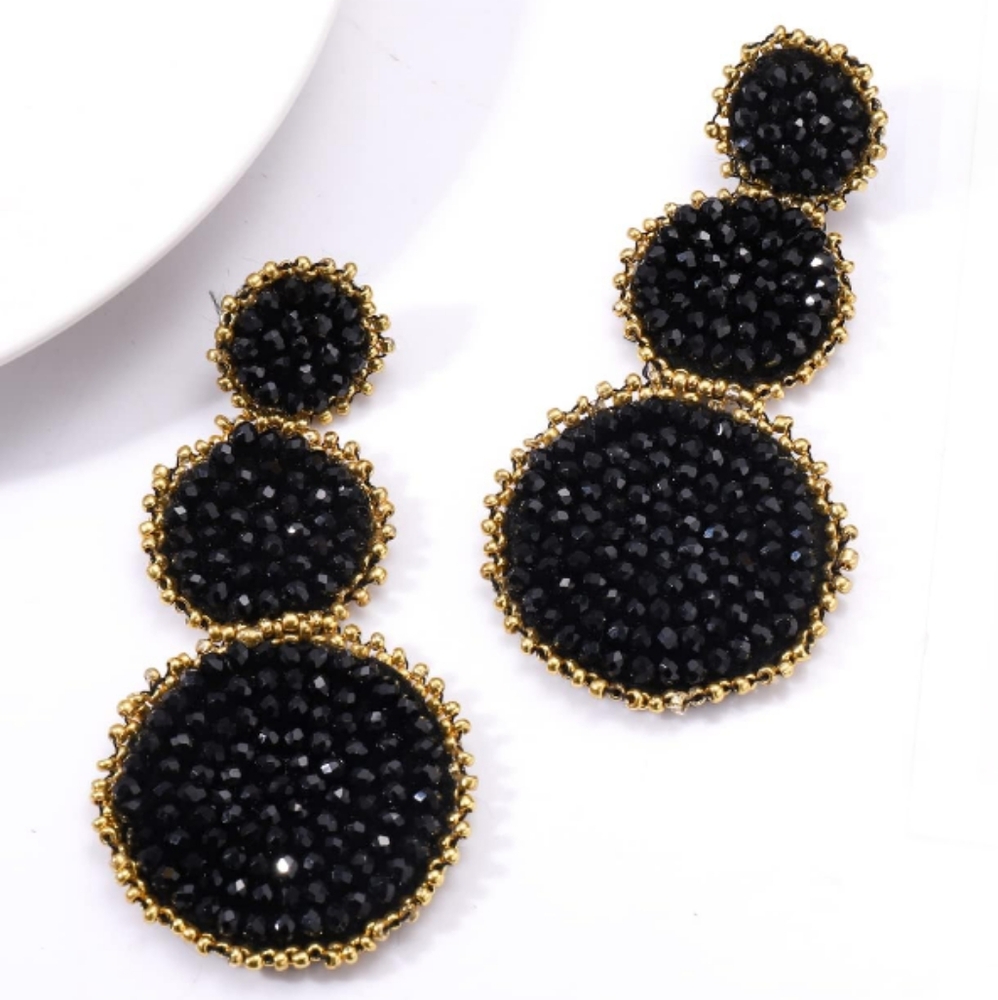 Black Gold Beaded Triple Tier Earrings Bohemian Bold Boho Statement Jewelry New